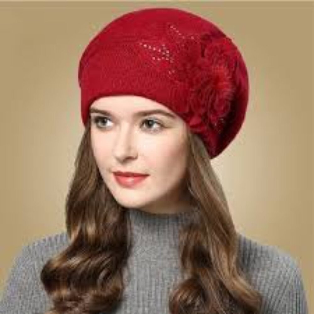 Brand New Burgundy Color Winter Rabbit and Wool Knitted Hat with Flower - Picture 3 of 4